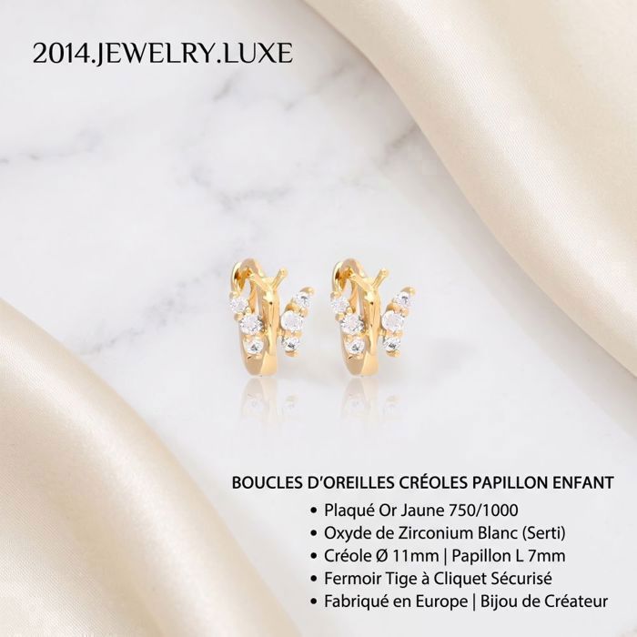 Boucles D'oreilles Créoles Enfant - Papillon Avec Cristal - Plaqué Or Jaune 750 - Neuf Avec étiquettes - Bijouterie Papillon Bleu