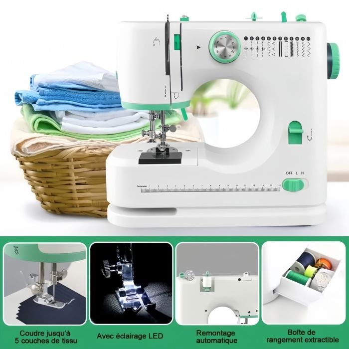 Machine à Coudre Débutants Et Enfants - 12 Programmes De Points, Lumière LED, Pédale - Kit Couture Inclus