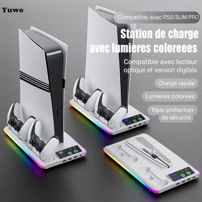 Support Vertical Ventilé Pour PS5 Pro/Slim Avec Chargeur 2 Manettes Et Lumières RGB - Refroidissement 3 Vitesses Support Ps5 Horizontal