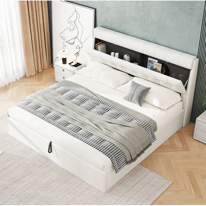 Lit Coffre 160x200 Cm Avec Tête De Lit Velours Beige Et Bordure Dorée - Sommier 12 Lattes, Rangement Pneumatique - Sans Matelas