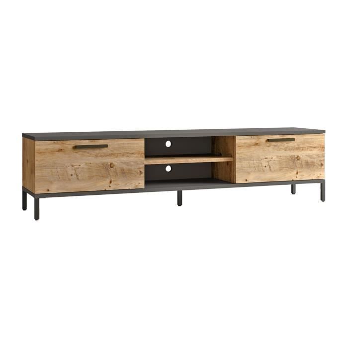 Meuble TV Scandinave Avec 2 Étagères Latérales & 2 Portes – 233 Cm Noir Effet Bois, Rangement Optimisé - 4
