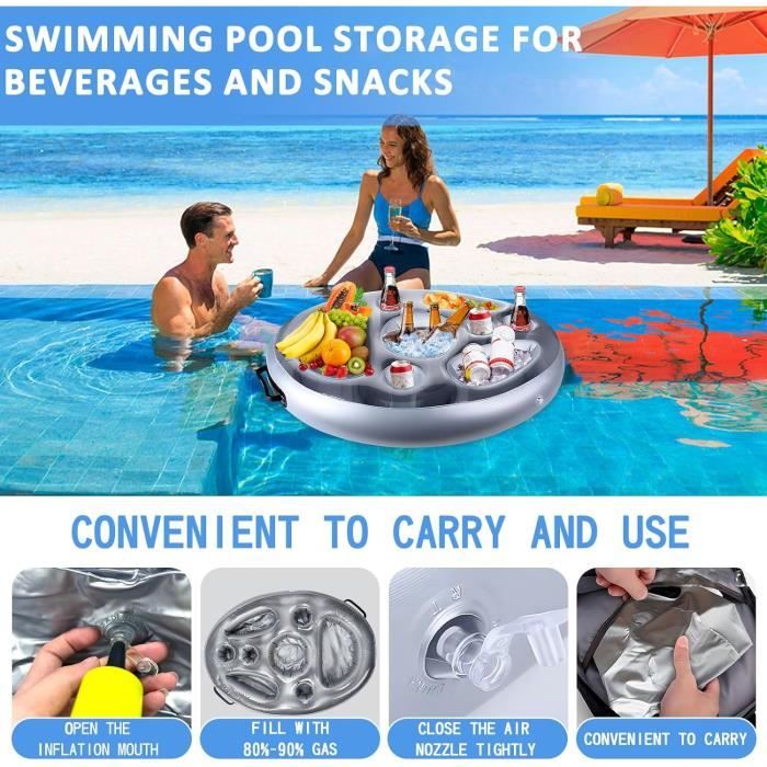Mineup Porte-gobelet Gonflable Flottant Piscine 2 En 1 - Plateau Flottant Argent 70x50 Cm Pour Boissons Et Collations
