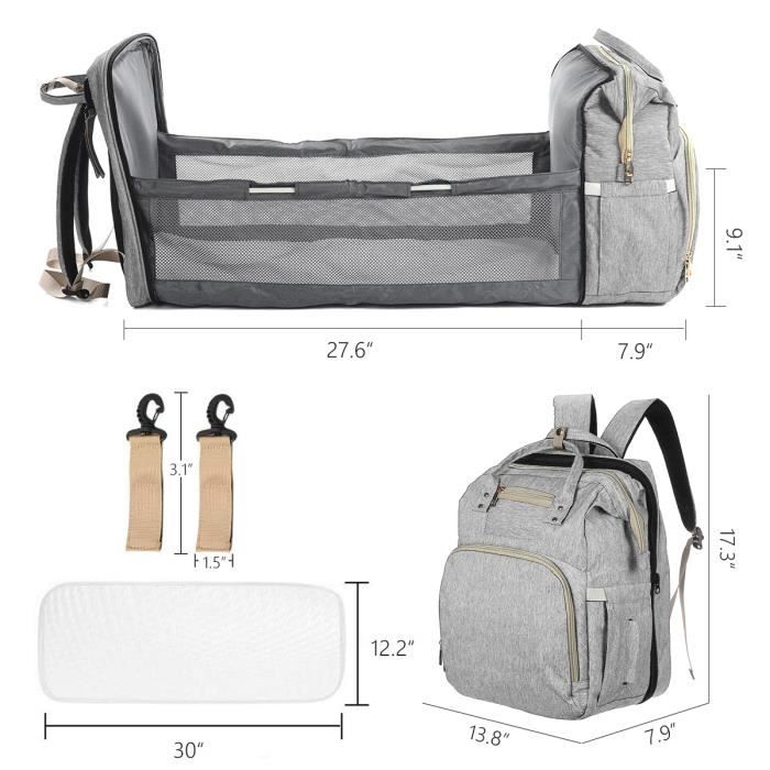 Aqrau Sac à Langer pour Bébé, Sac à Dos à Langer avec Lit Plié pour Bébé