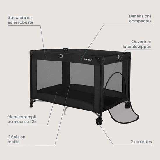 Lionelo Lit De Voyage Bébé Parc Enfant 3en1 Alice De 0 à 15 Kg Matelas En Mousse, 2 Niveaux De Hauteur, Pliable, Petit, Léger, Entrée Latérale, Sac De Voyage (Grey