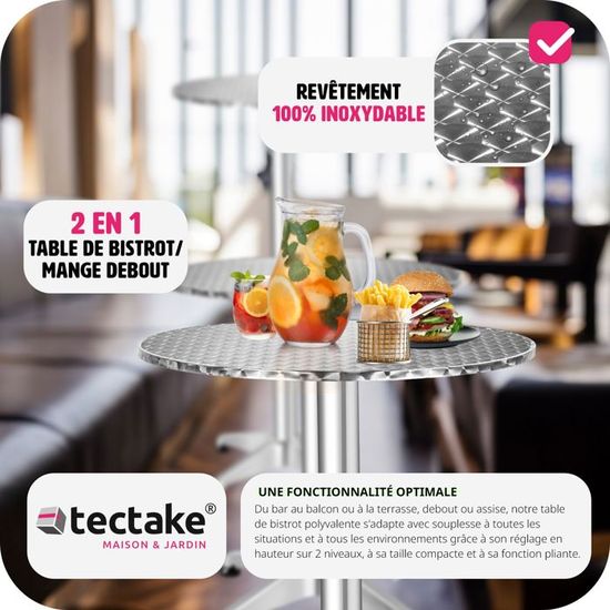 TecTake Table haute de bar aluminium bistrot restaurant jardin Ø 60cm hauteur réglable 