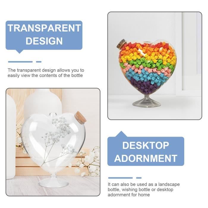 Bouteille En Verre Forme Cœur Avec Bouchon Liège – 18x16x6cm – Pour Décor, Origami étoiles, Messages – DIY Cadeau - 9