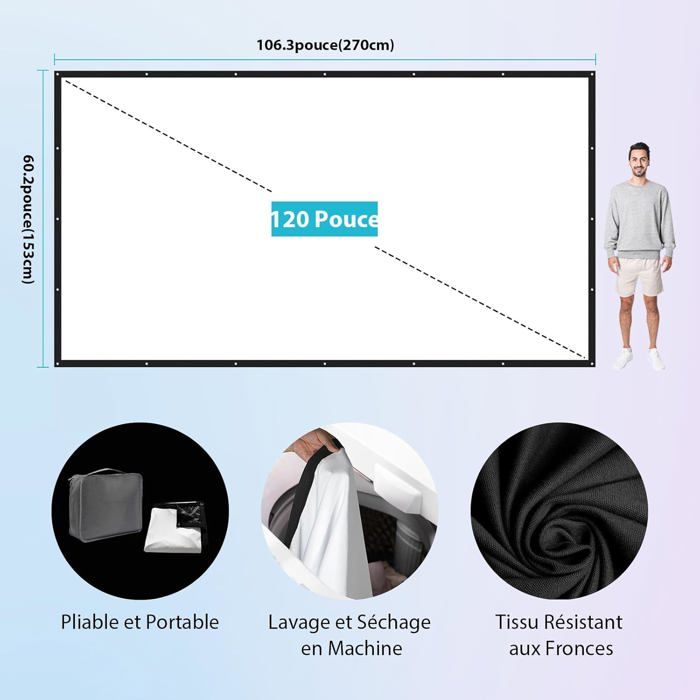 Tiardey Écran Projecteur 100 Pouces 4:3 HD Portable Double Face - Intérieur Extérieur Pliable Rideau Souple