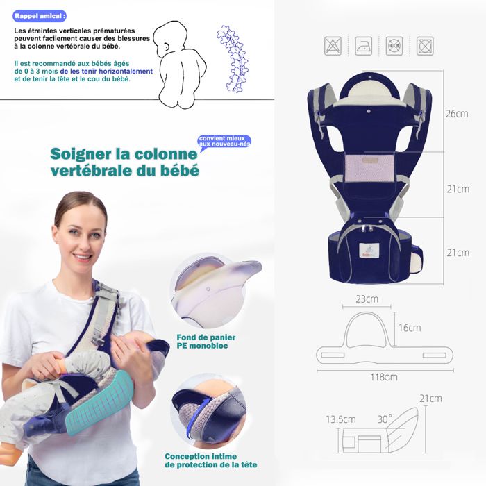 Porte-Bébé 6 En 1 TOFFCAEA - Ergonomique Ajustable 3-36 Mois (3.5-20kg) - Bleu Marine