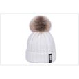1 Bonnet en tricot doublé polaire peluche doux pour femme - bonnet chaud hiver avec torsades et pompom fausse fourrure - BLANC ECRU -0