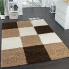 PHC Tapis Shaggy Longues Mèches Hautes Carreaux Marron Beige Crème [120x170 cm]