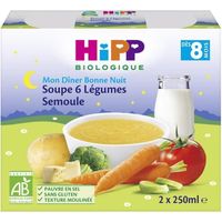 Hipp Bio Mon Dîner Bonne Nuit Pot Soupe 6 Légumes Semoule +8m 2 x 250ml