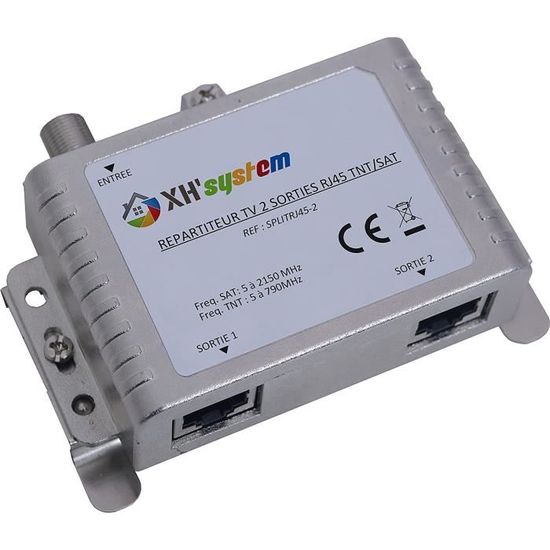 Répartiteur TV 2 Sorties RJ45 - TNT/SAT - 5-862MHz - Métal - Pour Réseau Câblé