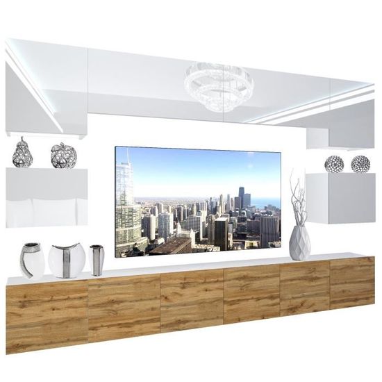 Meuble TV Mural BELINI NEX I - 300cm Blanc Brillant Avec LED - Système Soft-close Et Gaz