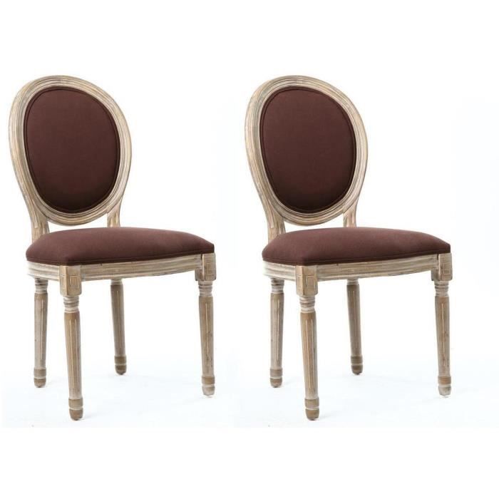 Lot de 2 - Chaise MEDAILLON Marron - assise Lin pieds Bois Naturel