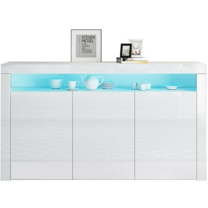 Buffet bas LED contemporain blanc laqué brillant - 3 Portes - L 130 cm - EU plug