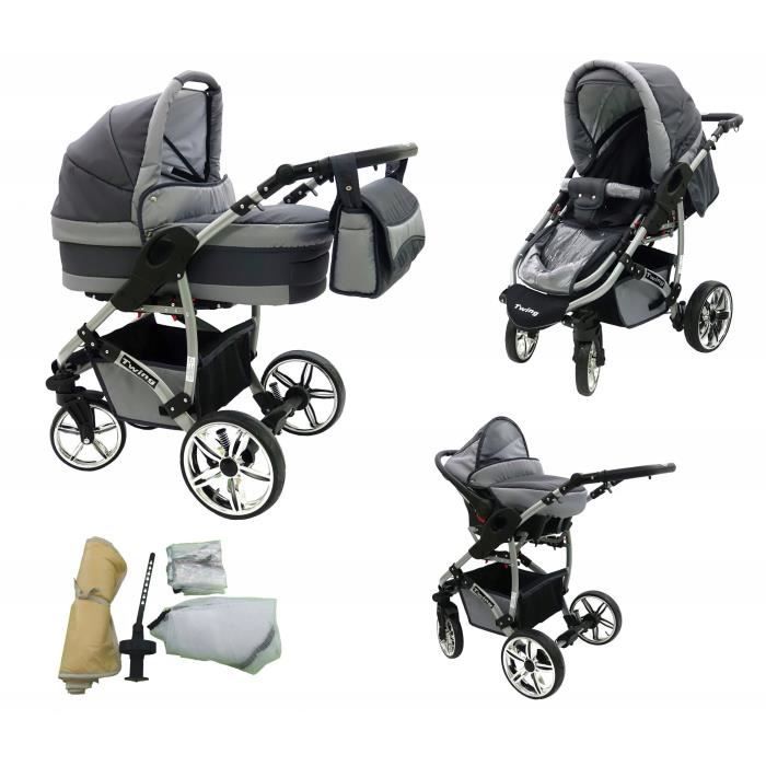 Gris TWING Trio Poussette - Landau 3en1 Combinée avec siège auto, ROUES PIVOTANTES