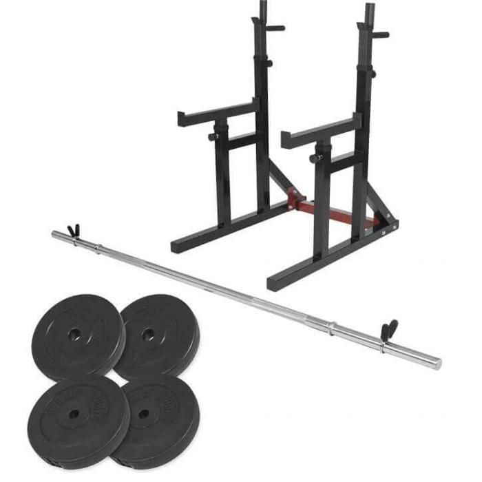 Gorilla Sports - Squat rack avec barre longue de 170cm (30mm) avec stop disques et 30kg des poids (2x5kg et 2x10kg) en plastique et