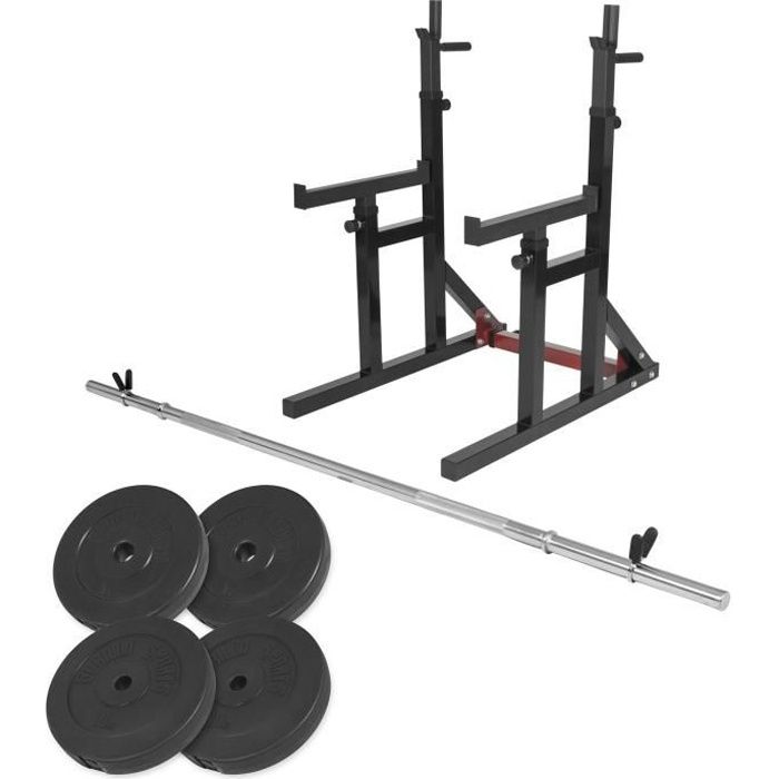 Squat rack avec barre longue de 170cm (30mm) avec stop disques et 30kg des poids (2x5kg et 2x10kg) en plastique et 31mm diamètre