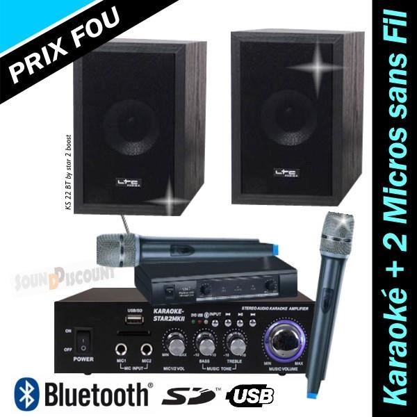 PACK KARAOKE KS22 / STAR2 AVEC AMPLI + ENCEINTES + 2 MICROS SANS FIL + USB BLUETOOTH MP3 PA-DJ