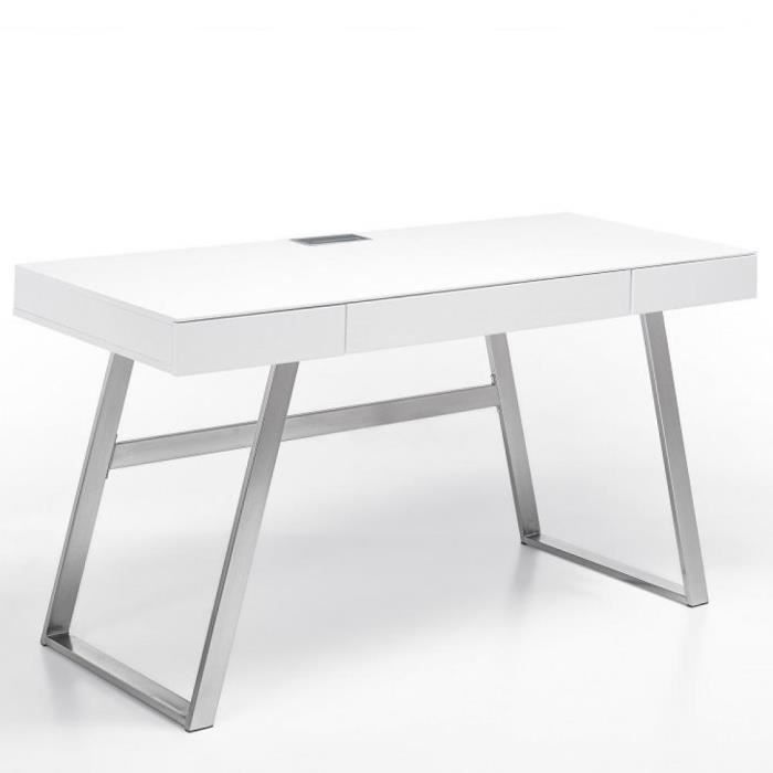 Bureau AKEN laqué blanc mat 3 tiroirs piétement métal brossé blanc MDF Inside75