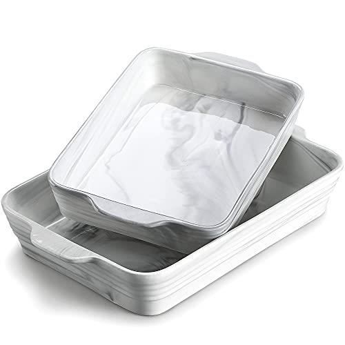 MALACASA Série Bake,Lot de 2 Plats à Four Rectangulaire en Porcelaine Marbre - 3200ml-2200ml - Moules à Pâtisserie Résistants