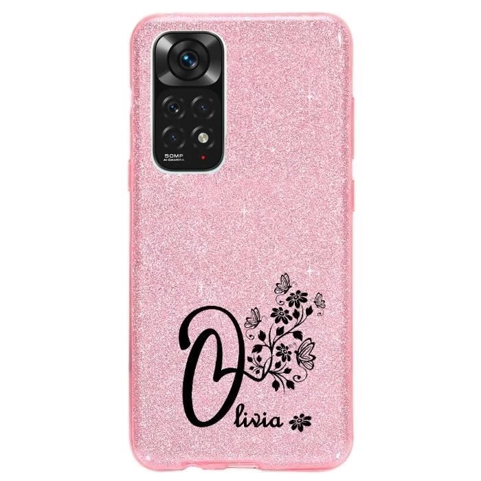 Coque Redmi Note 11 4G et 11S paillettes rose prenom 13 papillon et fleur noir