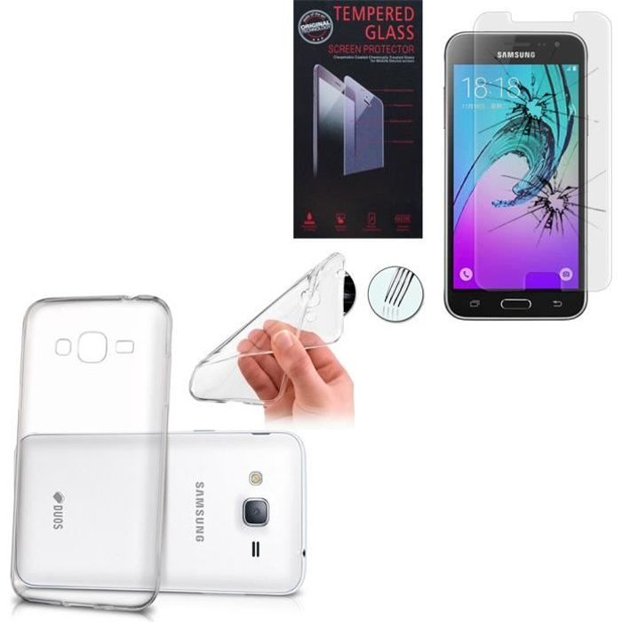 Pour Samsung Galaxy J3 (2016) J320F: Coque silicone gel UltraSlim - TRANSPARENT + 1 Film Verre Trempé