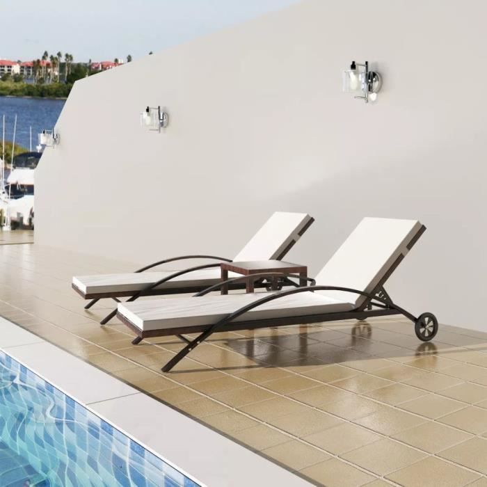Jeu de chaise longue 3 pcs avec table Marron Résine tressée Brun