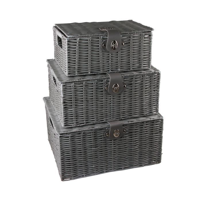 UNI Lot de 3 Panier de Rangement en Rotin avec Couvercle Boîte de Rangement Gris pour Chambre Salon