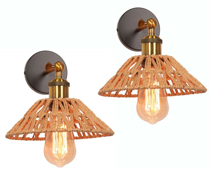 iDEGU 2x Applique Murale Industriel Vintage Lampe Murale en Corde de Papier Tissé Abat-jour Design Chapeau pour Salon Entree