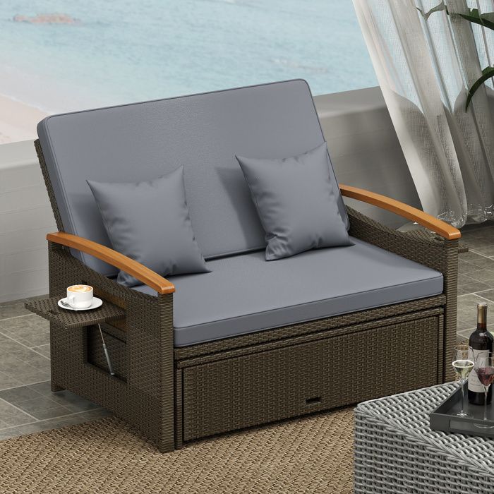 COSTWAY 3 en 1 Salon de Jardin en Rotin PE Ottoman de Rangement Dossier Réglable à 4 Niveaux Plateau Latéral Rétractable - Gris
