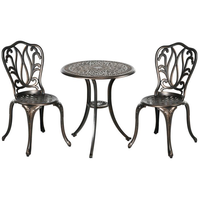 Ensemble salon de jardin - Outsunny - 2 chaises + table ronde - avec trou pour parasol - en fonte daluminium - bronze