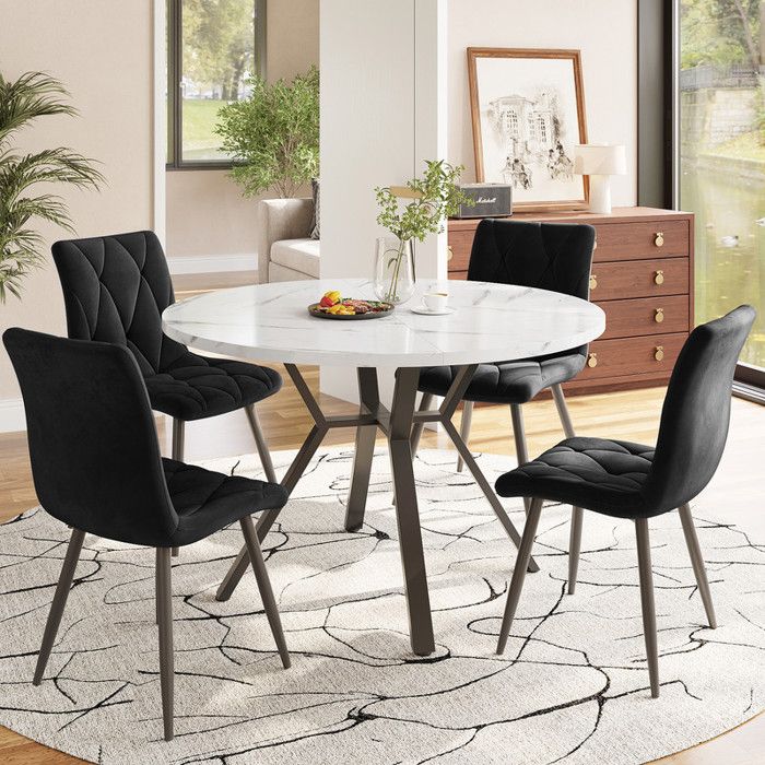 Ensemble table à manger ronde - Marbre noir - 4 chaises en velours - Design moderne - 5 places
