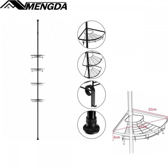 Étagère de Douche Réglable en Hauteur -MENGDA-4 Couches-190 à 310 cm-Angle Sans Percage-Acier inoxydable-Noir