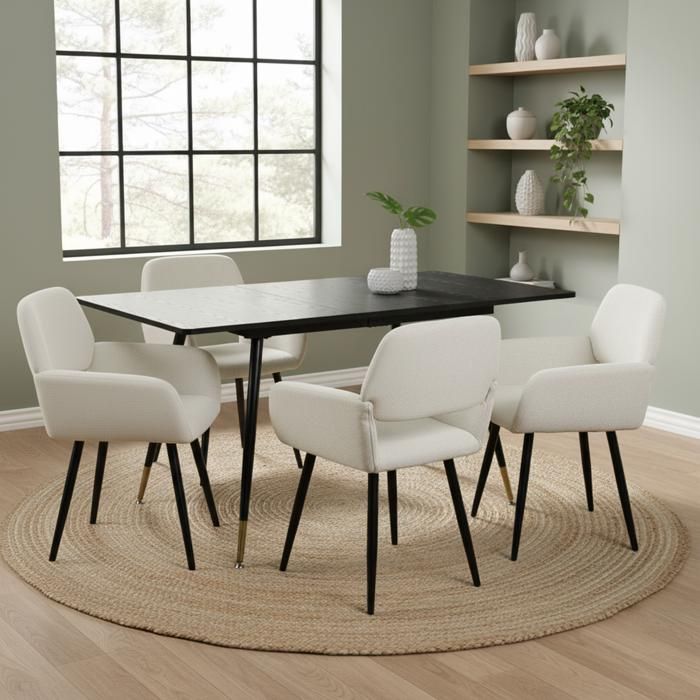 URBAN MEUBLE - ensemble de salle à manger - ensemble 5 pièces - table à manger coulissante noire - avec 4 chaises en tissu beige