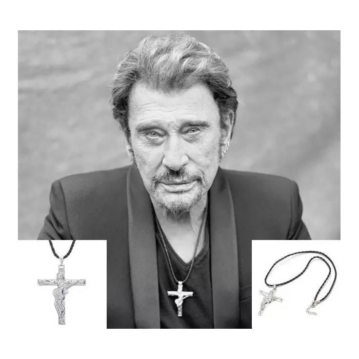 JOHNNY HALLYDAY PENDENTIF CROIX & GUITARE 6x4 cm LORIGINAL! Couleur Argent