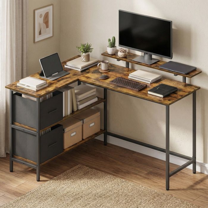 Bureau dAngle - Marron - 2 Tiroirs - Étagère Réglable - Support Écran