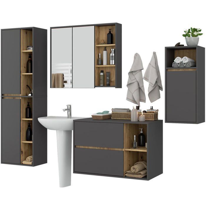 Ensemble de meubles de salle de bains VAMI suspendu Gris Graphite intérieur Chêne Artisan Ensemble de meubles de salle de bains VAMI suspendu Gris Graphite intérieur Chêne Artisan