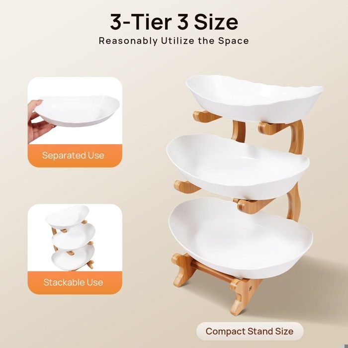 Blanc Corbeille à fruits à 3 étages avec Support en Bois de Bambou-Durable-pour fête mariage fête et rassemblement