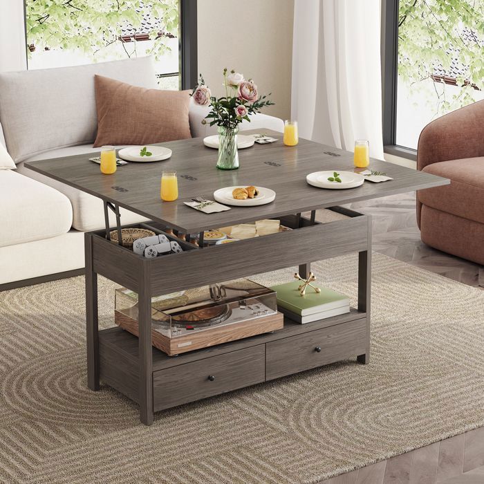 Table Basse HavenlyHome Table de Salon avec Plateau Relevable Pliant 2 Tiroirs Compartiment Caché 50 x 100 x 52 à 68 cm Gris