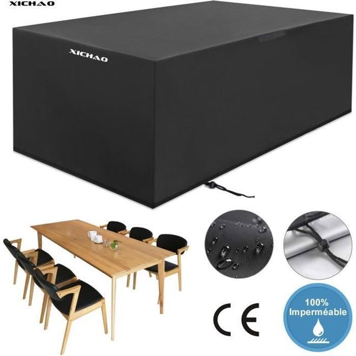 Housse Table Jardin 220x210x70 Cm Noir Oxford 420D - Protection Imperméable UV - Avec Corde Et Boucles - Pour Mobilier Extérieur