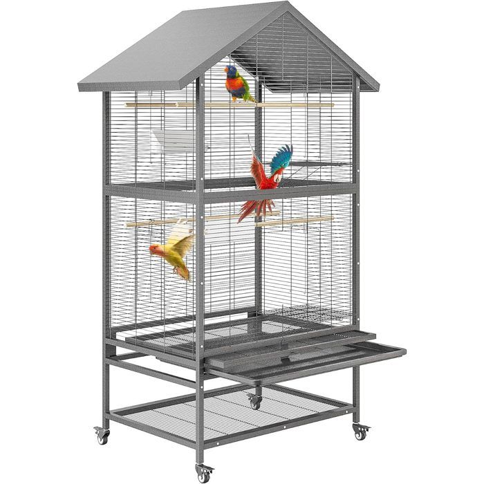 Comparer les prix de Grande Volière pour Oiseaux XXL avec roulettes - Cage à Oiseaux 80 x 60 x 167 cm avec 3 Perchoirs en Bois 4 Mangeoires