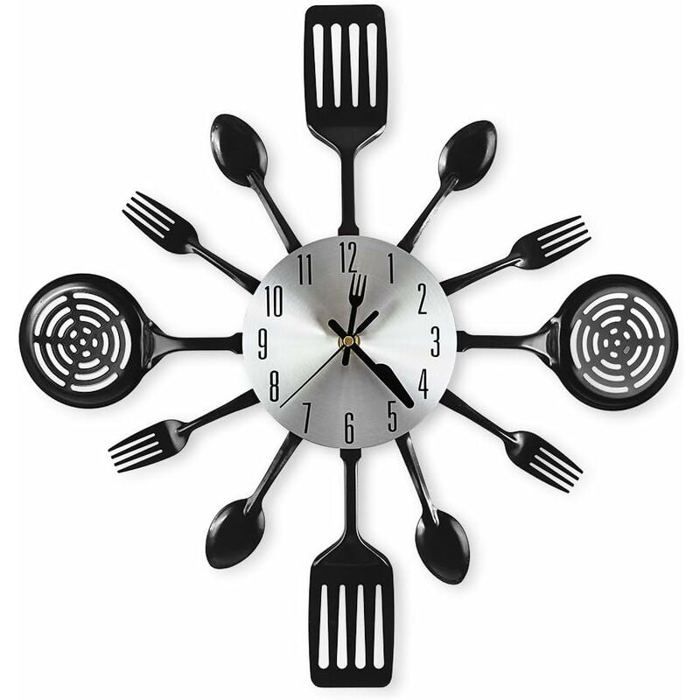 Horloge murale - PZCC - Ø 406 cm - Noir - Motif fourchettes et cuillères - Mains silencieuses
