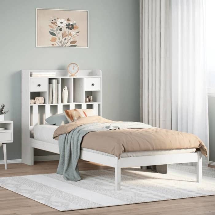 Lit bibliothèque sans matelas - UU - Blanc - Bois de pin massif - 90x190 cm - 2185x96x110 cm - Sommier à lattes