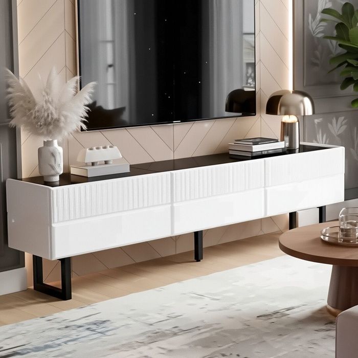Meuble TV 170cm - 3 Tiroirs de Rangement - Plateau Haute Brillance - Pieds en Fer Stables - Blanc
