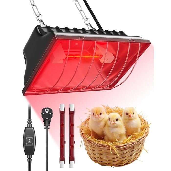Lampe Chauffante Poussin avec Interrupteur Haut/Bas (Max. 275W) Comprenant 2 Lampes R7s une Chaîne de Suspension Réglable