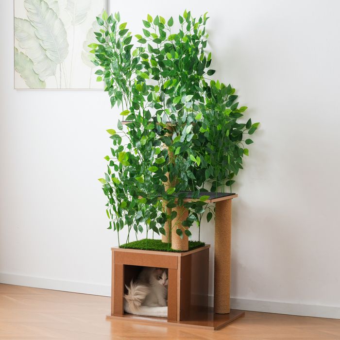 Comparer les prix de HOMVRA Arbre à chat 60x45x158 cm mobilier pour chat à 3 plateformes avec maison intégrée et déco feuilles MDF vert