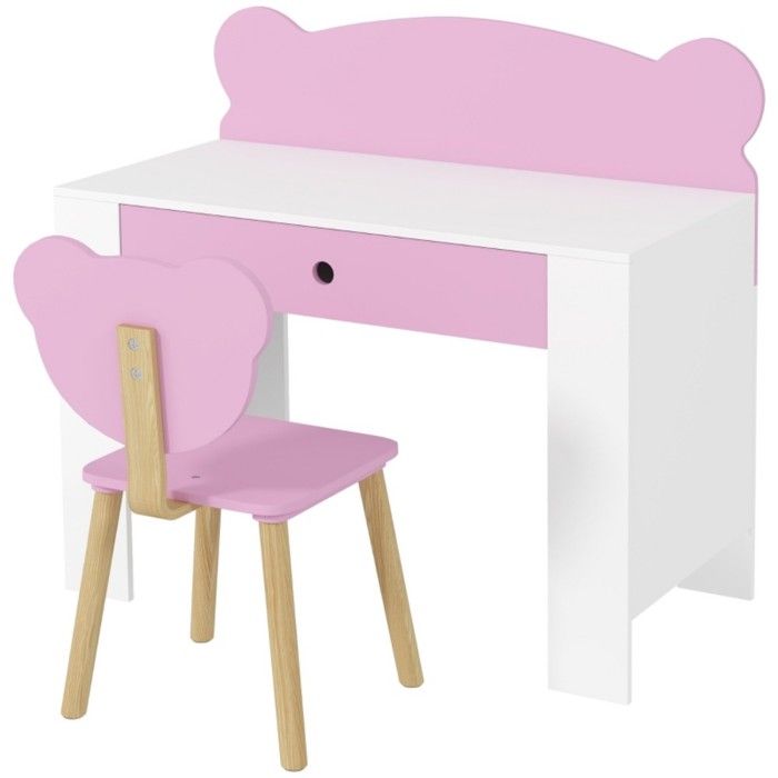 Ensemble bureau enfant rose - Design ours avec chaise assortie - Plateau et tiroir rangement - Idéal filles et garçons étudiants