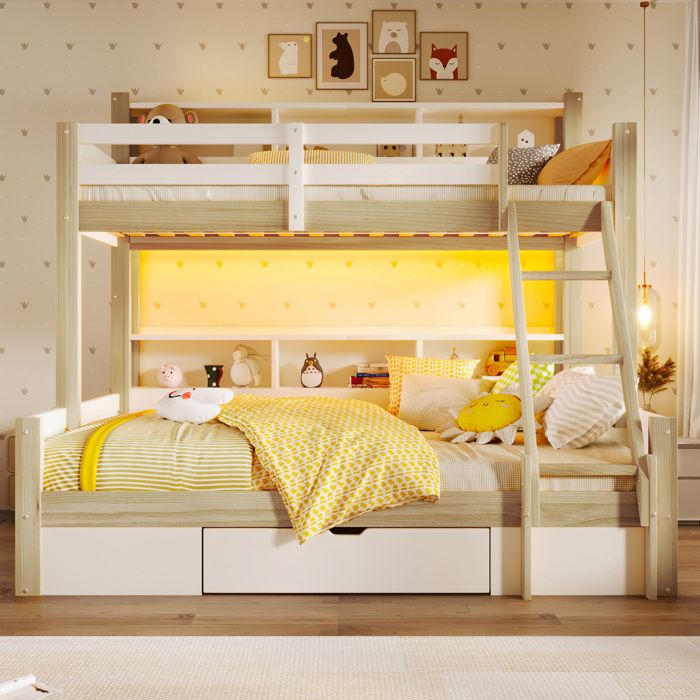 Lit superposé blanc et naturel avec LED rangements ouverts et tiroir