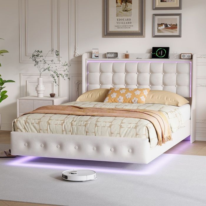 Lit double lit suspendu lit rembourré - 140x200 cm - LED USB Type-C tête de lit confortable sommier à lattes robuste - Velours blanc